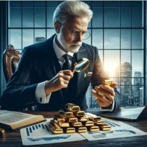 man looking at gold with magnifying glass